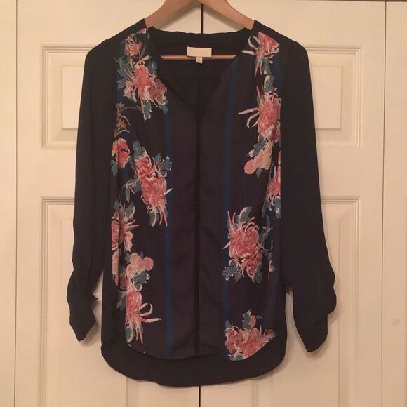 Modcloth Dark Blue Blouse with Pink Floral Design - Picture 1 of 6